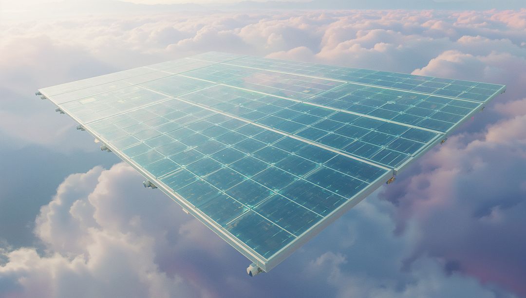 Futuristic Floating Solar Panels Above Clouds Reflecting Dawn Light