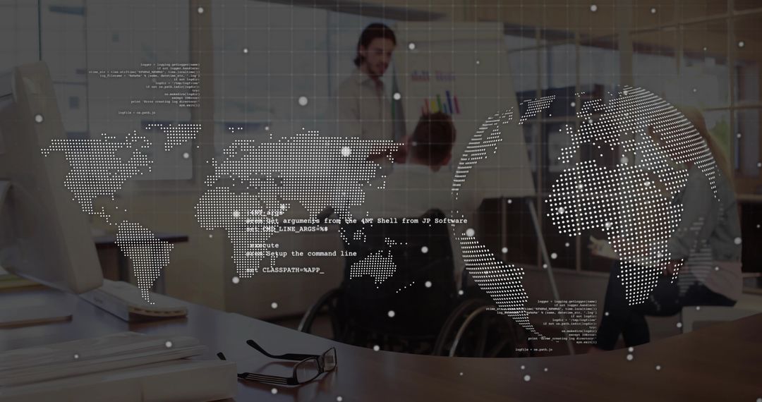 Diverse Business Meeting and World Map Overlay Illustrating Global Collaboration