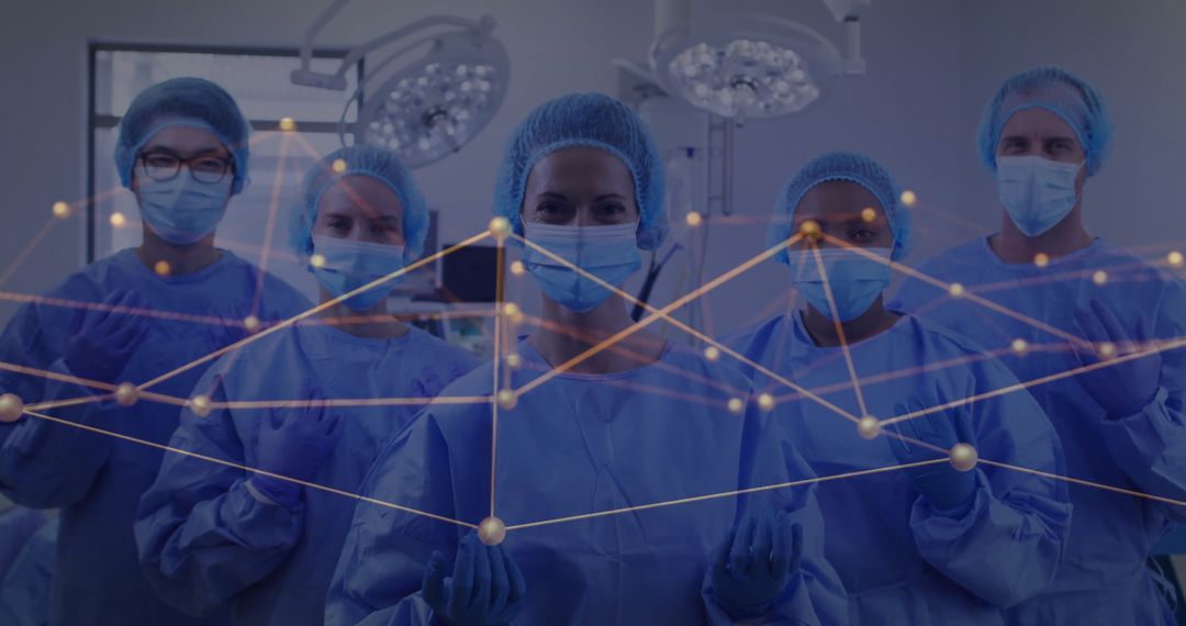 Medical Team in Scrubs with Digital Network Overlay