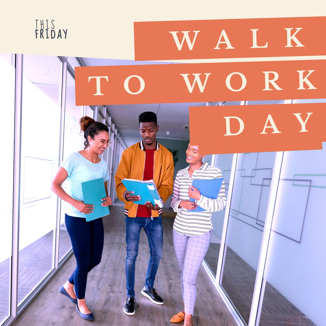 Colleagues Celebrating Walk to Work Day in Modern Office