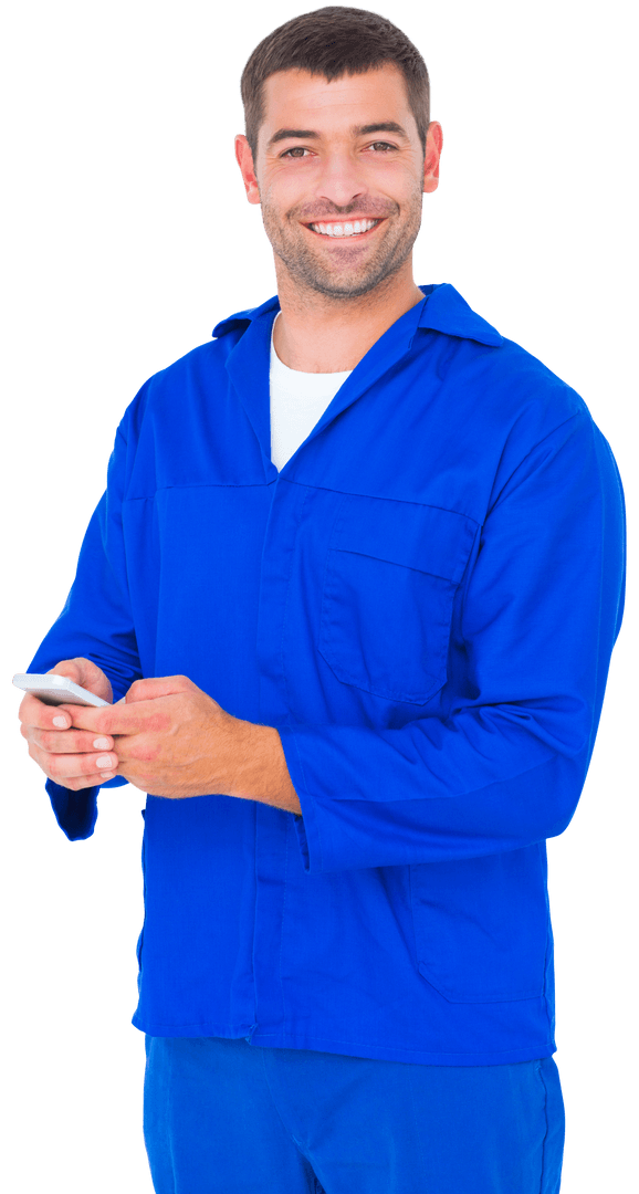 Smiling Mechanic in Blue Uniform with Mobile Phone on Transparent Background