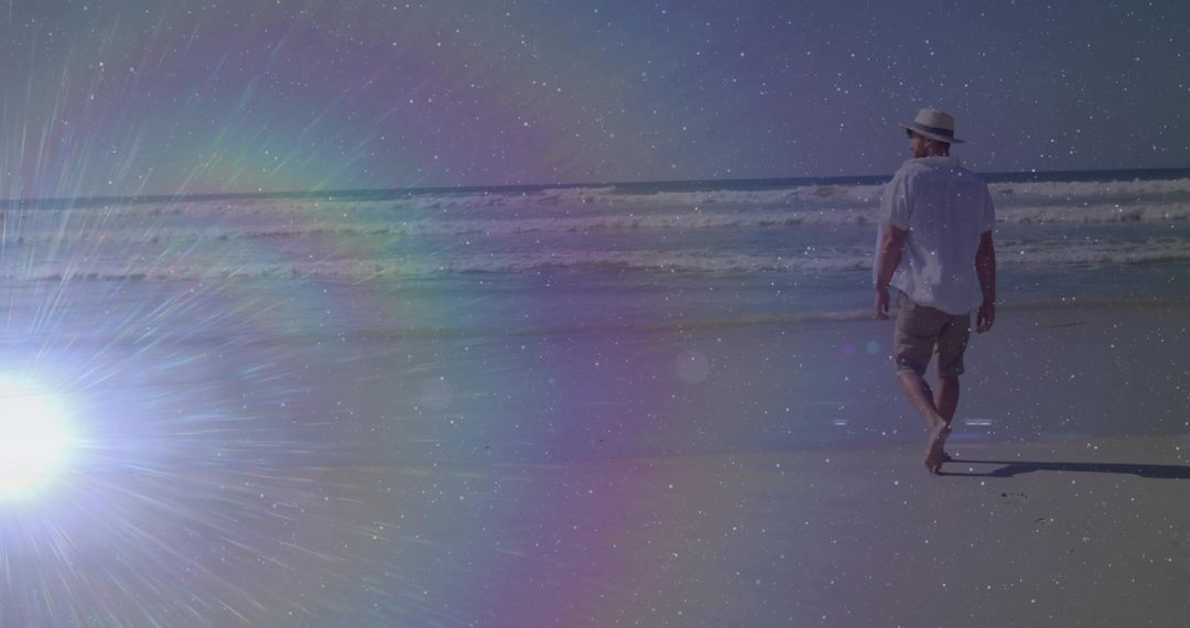 Calm Seaside Walk with Tranquil Lens Flare and Secluded Beach Scene