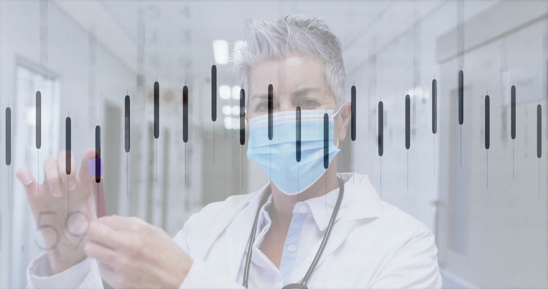 Senior Doctor Analyzing Sample with Data Overlay in Hospital Corridor