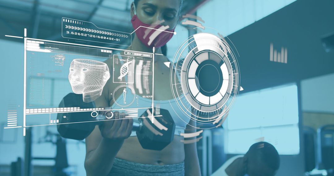 Woman Exercising with Digital Fitness Data Interface Overlay