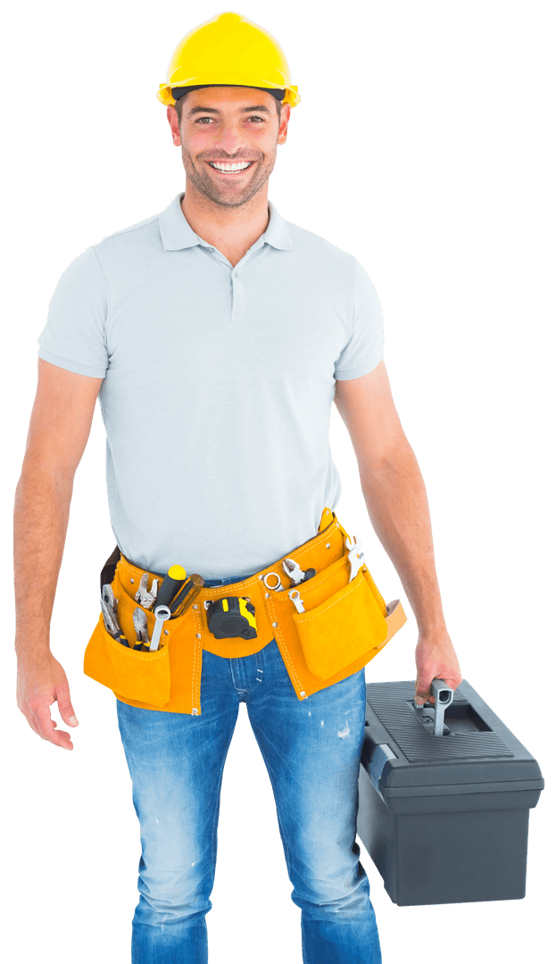 Cheerful Handyman Wearing Tool Belt on Transparent Background