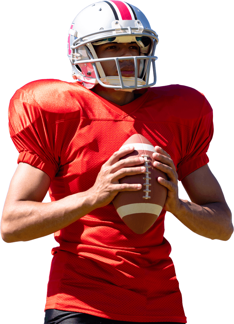 American Football Player in Uniform with Ball on Transparent Background