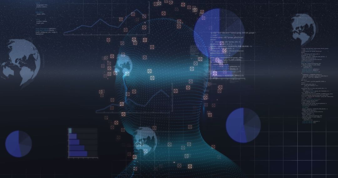 Futuristic Digital Human Head and Data Visualization