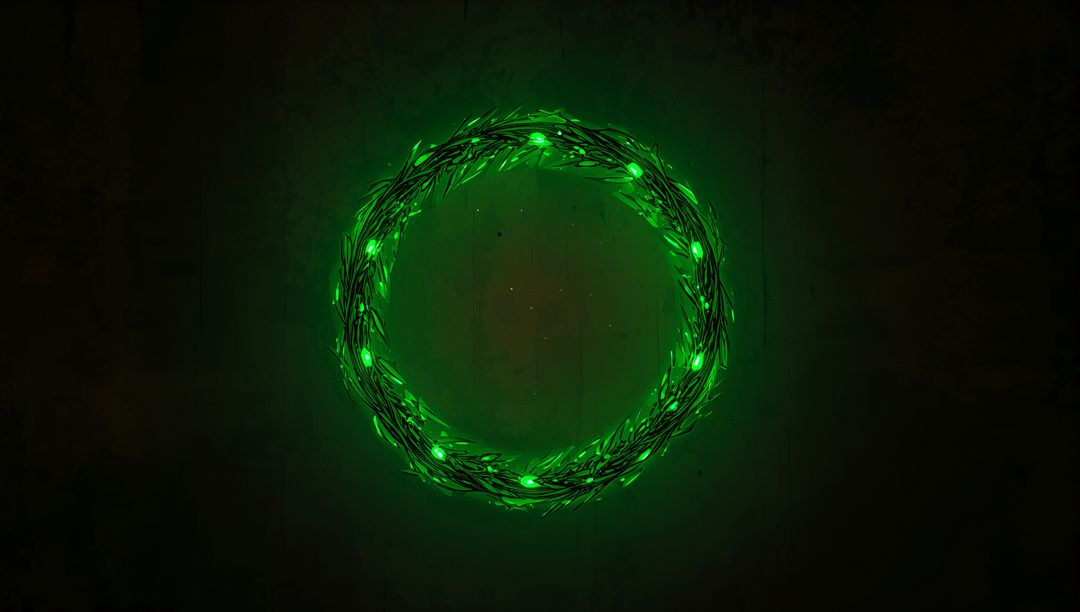 Glowing Green LED Wreath Halo Hanging on Dark Textured Wall Minimal Circular Glow Symmetry