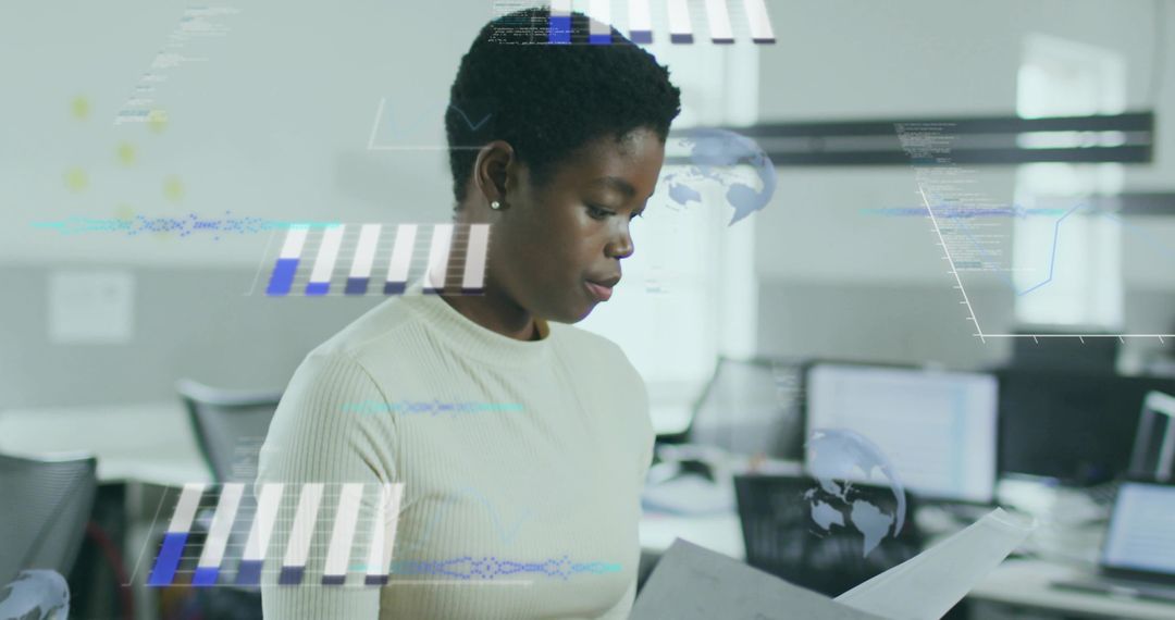 Woman Analyzing Documents with Holographic Digital Interfaces