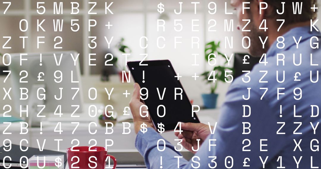 Chef Utilizing Technology in Kitchen with Overlay of Floating Letters