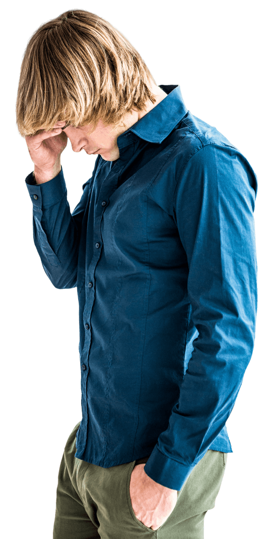Transparent Troubled Businessman Holding Head in Casual Outfit