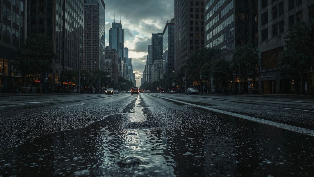 Wet City Streets with Reflective Puddles at Dusk