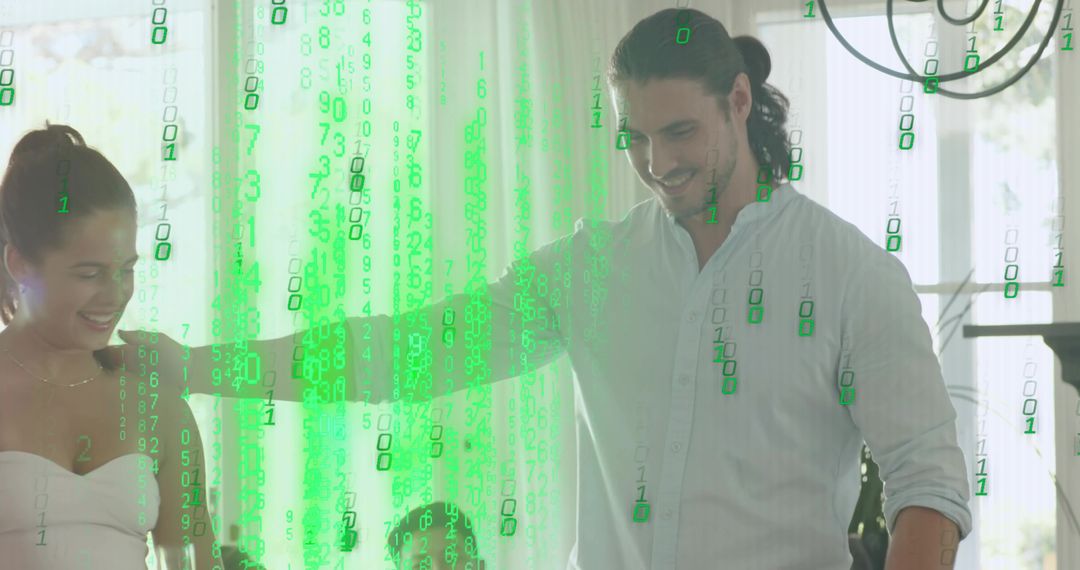 Sunlit Family Dinner with Green Binary Overlay Suggesting Smart Home Connectivity