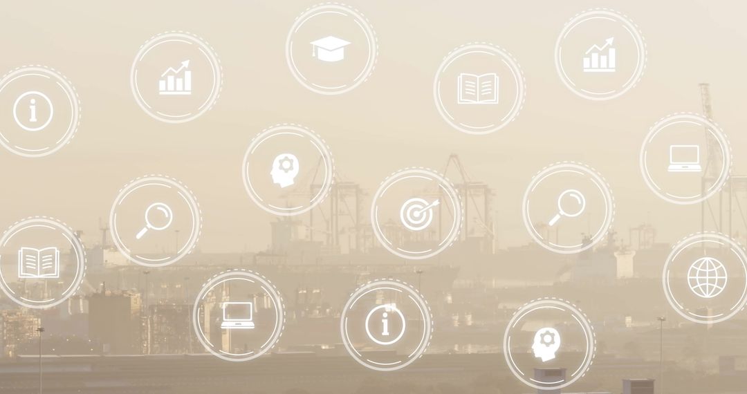 Eco and Business Network Icons Over Cityscape