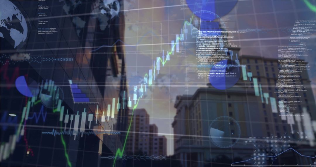 Financial Data Analysis Overlaying Cityscape for Business Insights