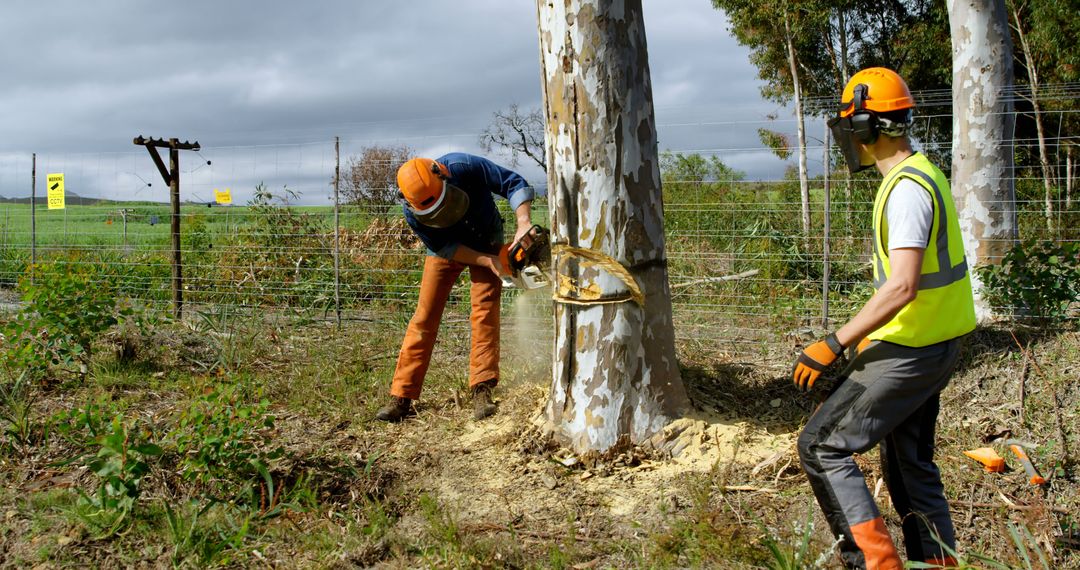 Lumberjacks Operate Chainsaws Felling Tree in Countryside