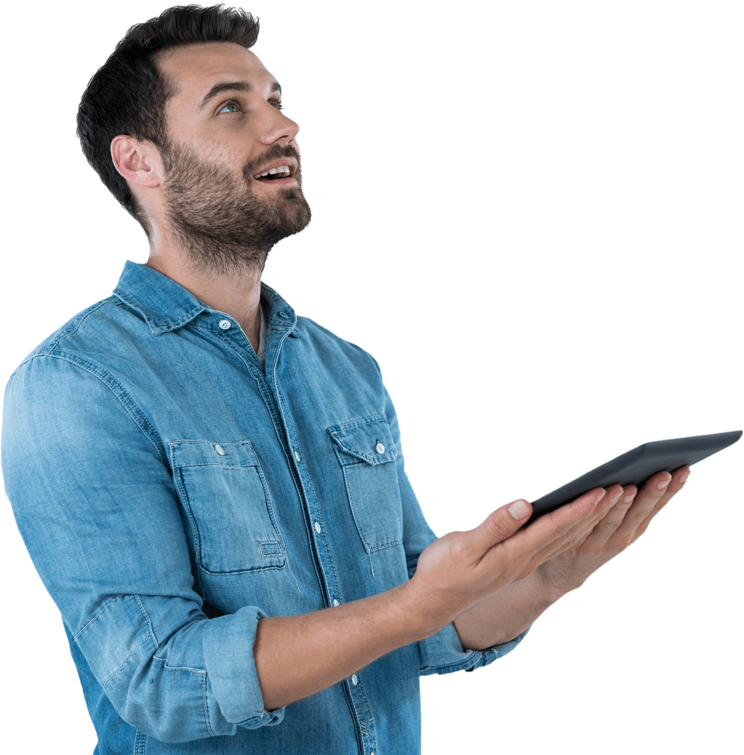 Man Looking Upward Holding Tablet on Transparent Background