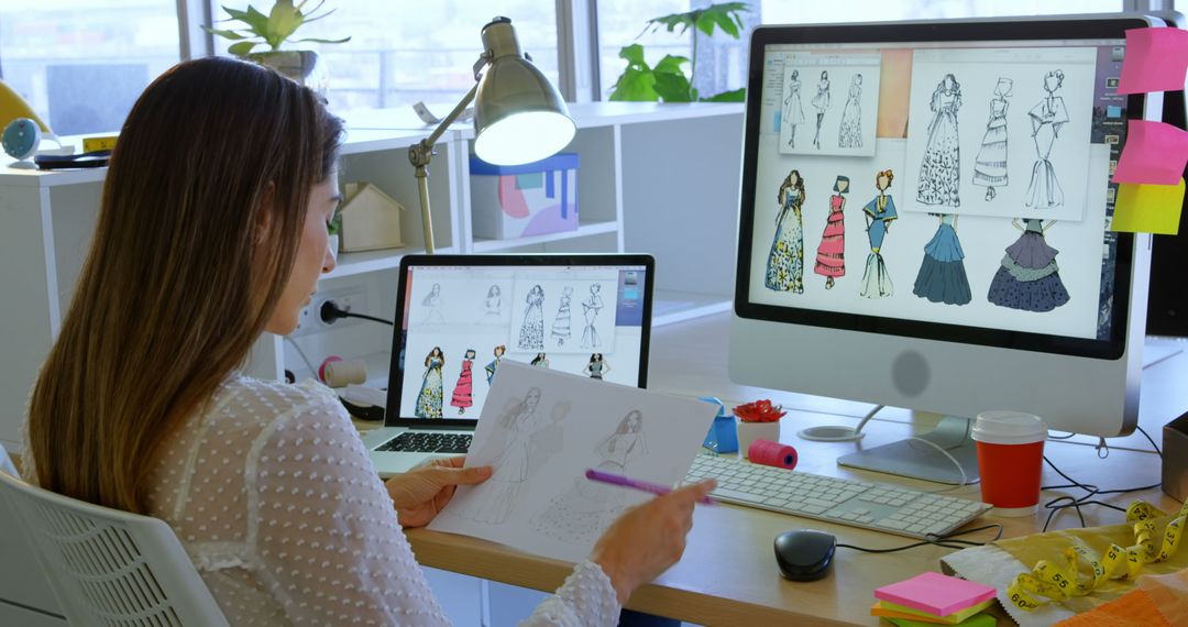 Fashion Designer Sketching Dress Models in Creative Workspace