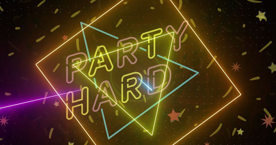 Neon Party Hard Text with Colorful Confetti and Shapes