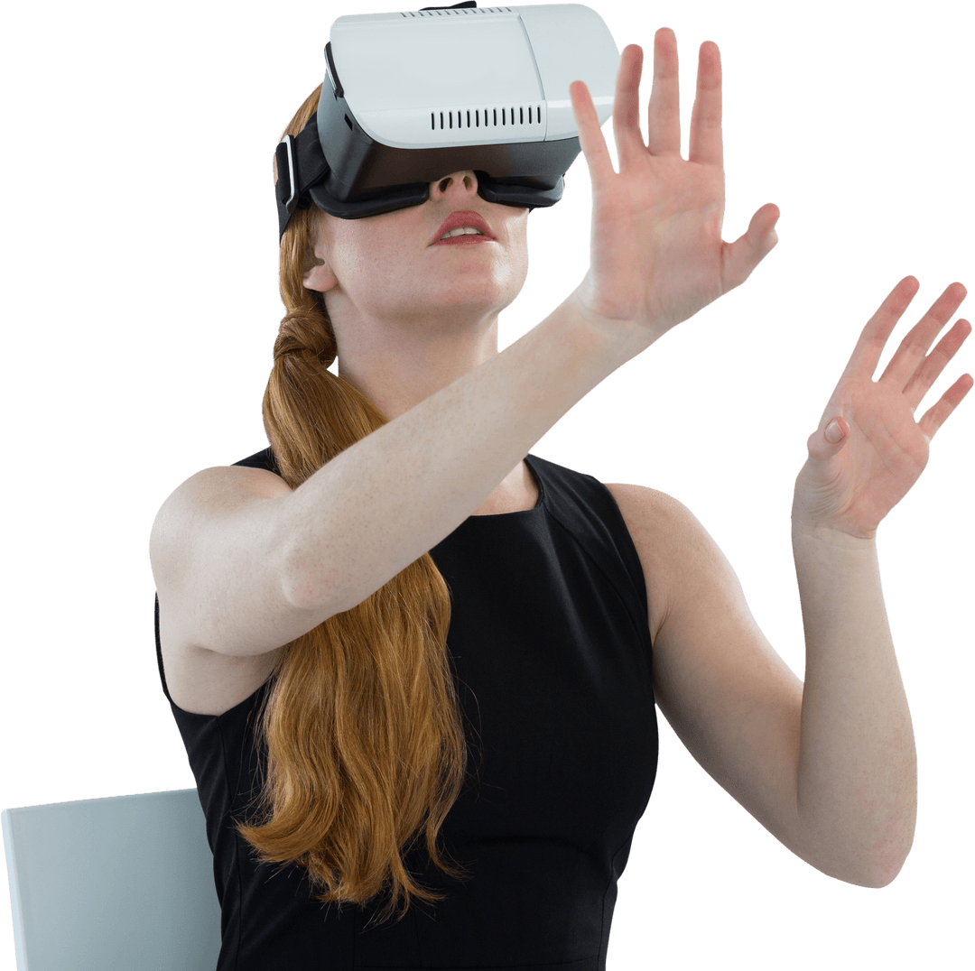 Woman Engaged Utilizing VR Headset in Transparent Office Setting