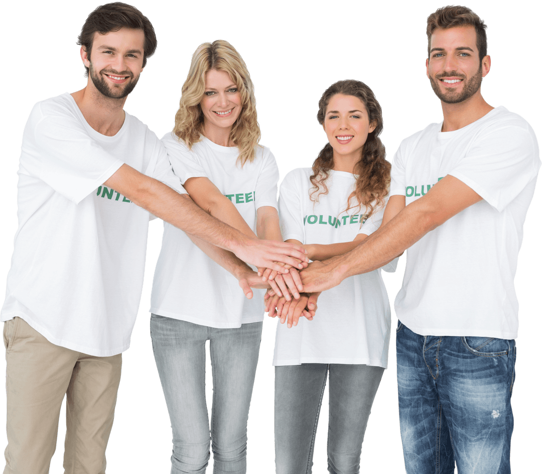 Smiling Group of Volunteers with Hands Joined on Transparent Background