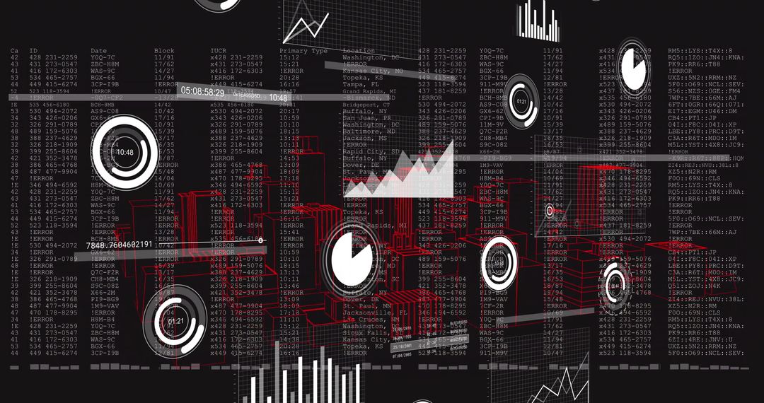 3D Red Wireframe Buildings in Futuristic Digital Dashboard