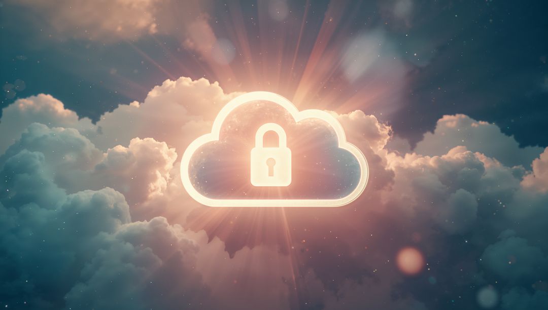 Secure Digital Cloud Icon in Sunny Sky with Rays