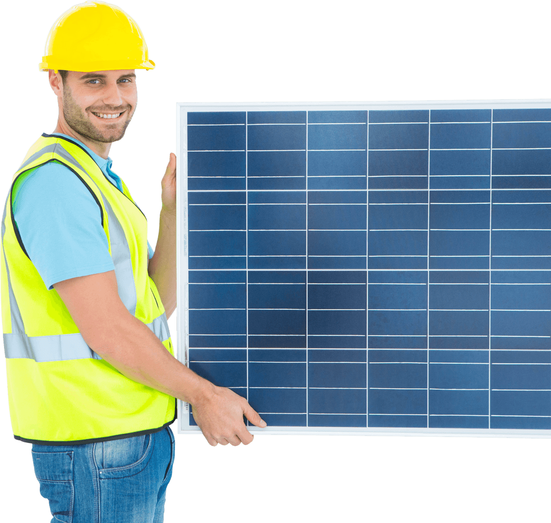 Transparent Dual View: Smiling Architect Holding Solar Panel