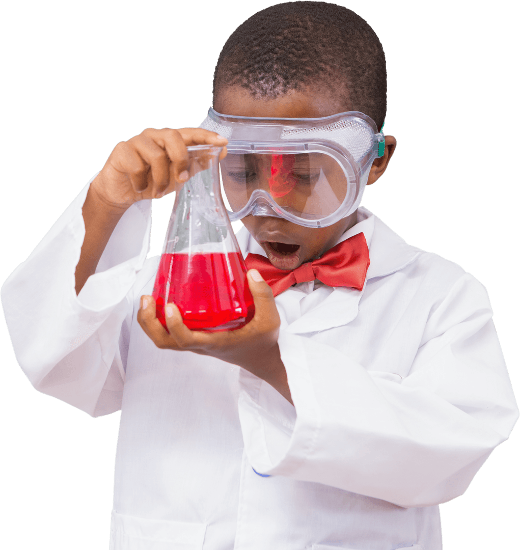 Curious Boy Examining Red Liquid in Transparent Safety Goggles