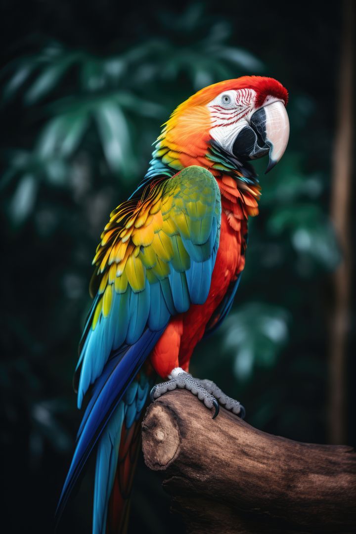 Close up of tropical parrot on dark background, created using generative ai technology - Free Images, Stock Photos and Pictures on Pikwizard.com