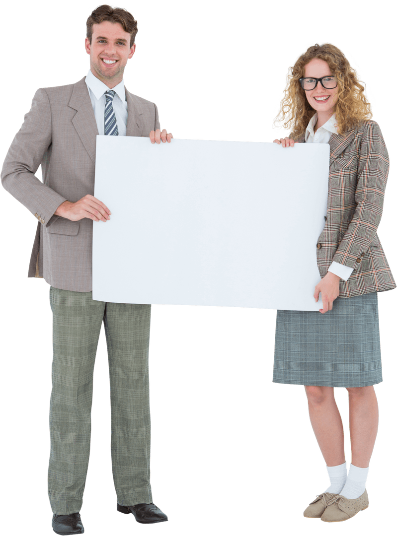 Hipster Couple Holding Blank Poster Smiling on Transparent Background
