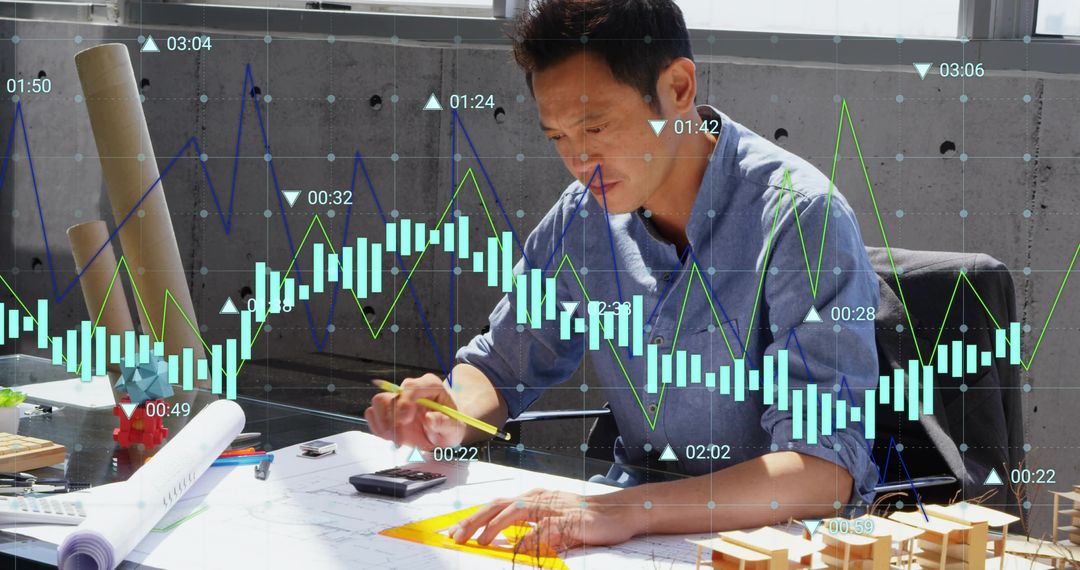 Architect Working with Blueprints and Financial Data Overlay