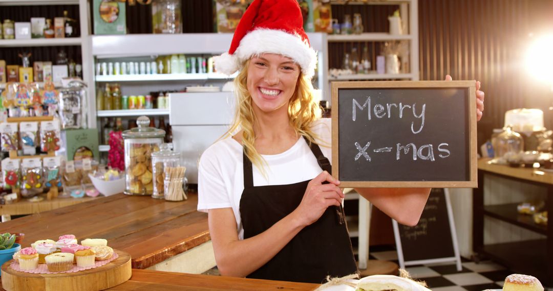 Smiling Barista in Santa Hat Greeting Customers with Merry X-mas Sign - Free Images, Stock Photos and Pictures on Pikwizard.com