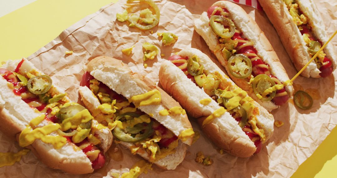 Image of hot dogs with mustard, ketchup and jalapeno on a yellow surface - Free Images, Stock Photos and Pictures on Pikwizard.com