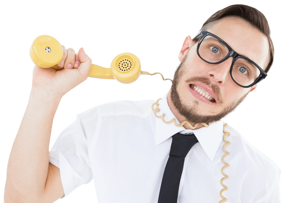Transparent Confused Businessman Tangled in Retro Phone Cord