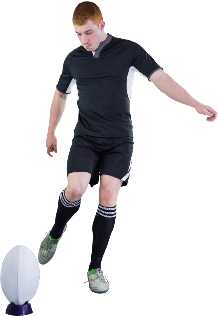 Focused Rugby Player Performing Precise Drop Kick on Transparent Background