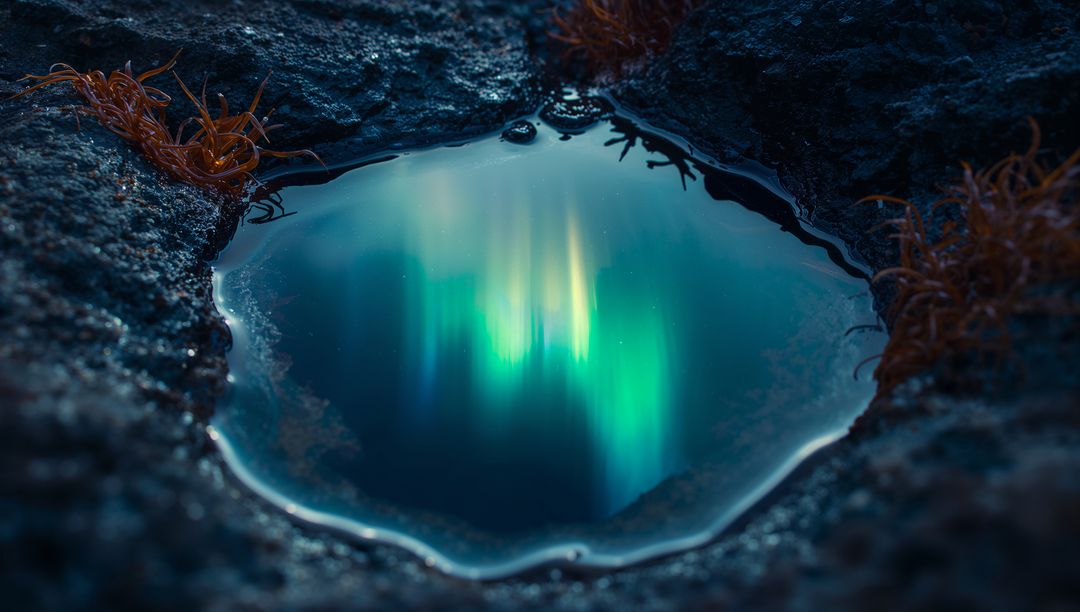 Tidal Pool Mirroring Green Teal Aurora Over Rocky Shore at Night