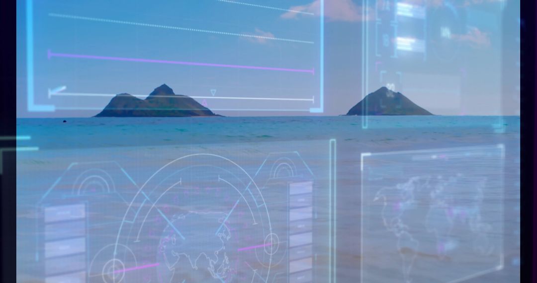 Digital HUD Interface Over Dreamy Tropical Ocean Horizon