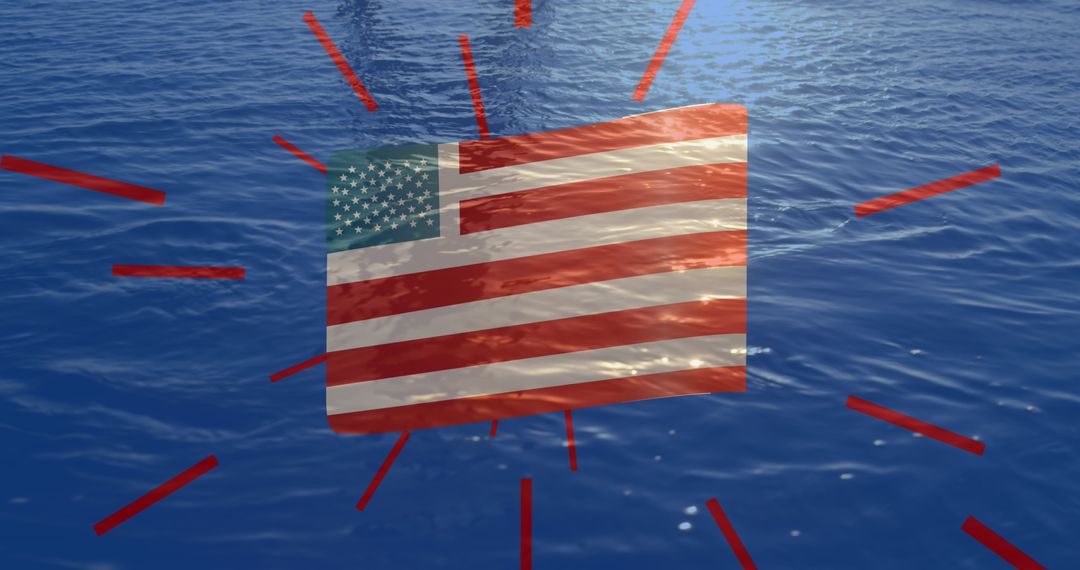 American Flag with Red Stripes Over Ocean Background