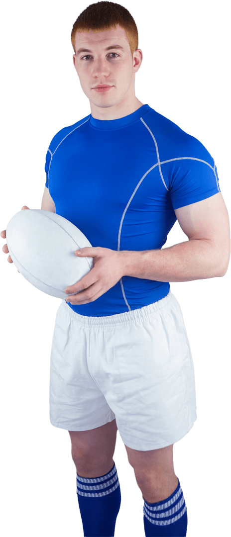 Rugby Player in Blue Uniform Holding Ball Transparent Background