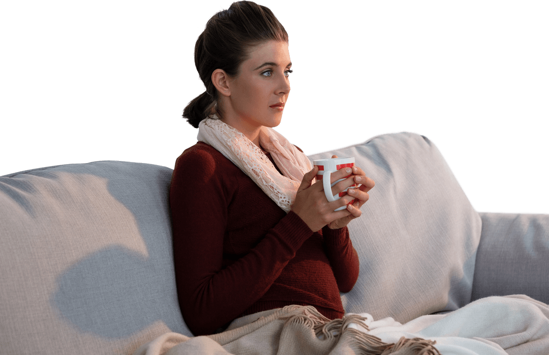 Thoughtful Woman Relaxing with Coffee on Sofa Transparent Background