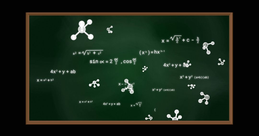 Chalkboard with Molecules and Mathematical Equations