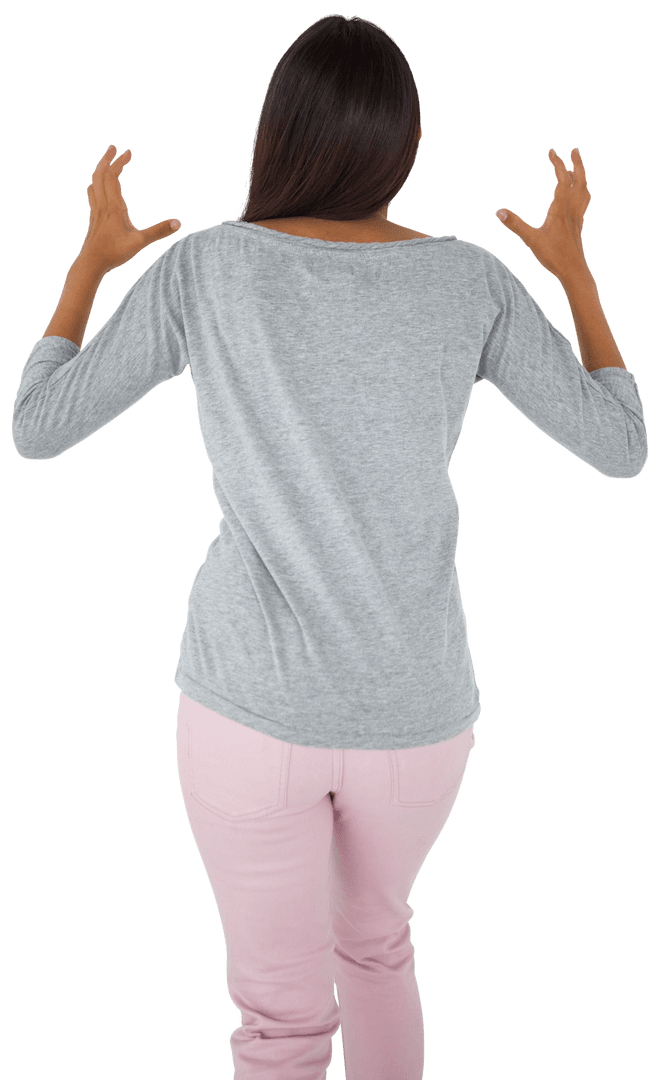 Transparent Back View of Furious Woman Raising Hands