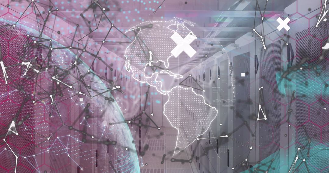 Global Network Overlaid on Digital Servers with Nodes and Crosses