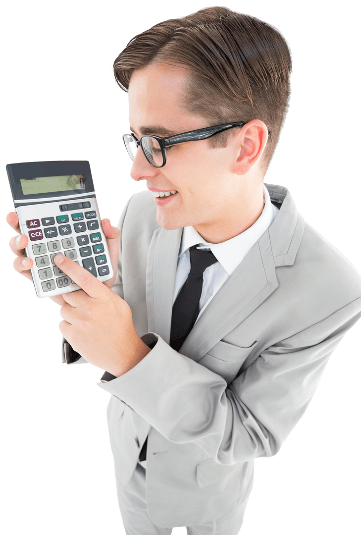 Transparent Smiling Businessman Holding Calculator