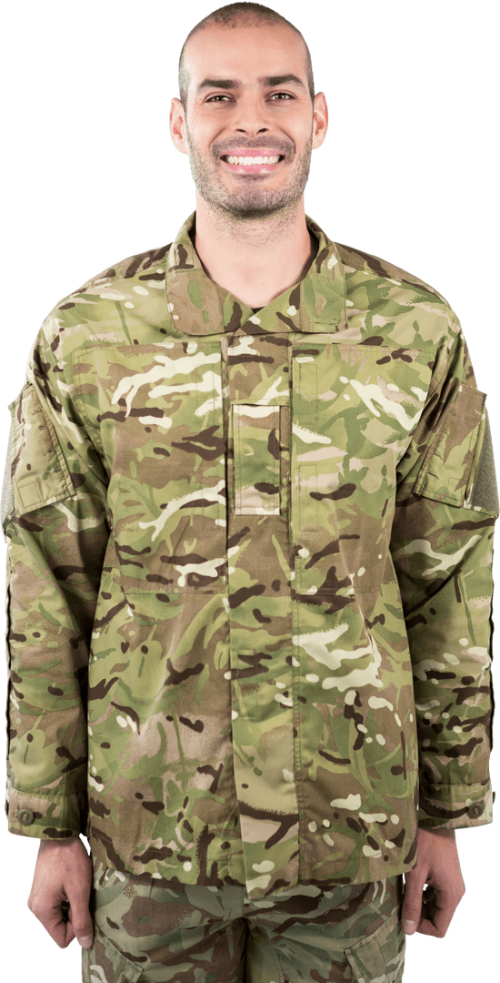 Transparent Standing Soldier in Camouflage Uniform Smiling