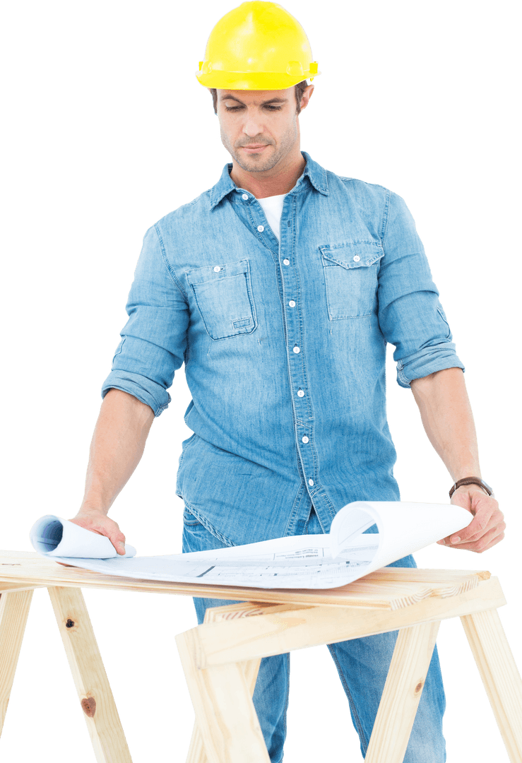 Transparent Architect Analyzing Blueprint with Yellow Hard Hat