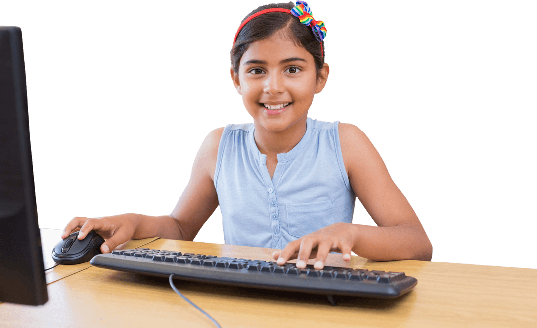 Asian Girl Smiling with Computer on Transparent Background