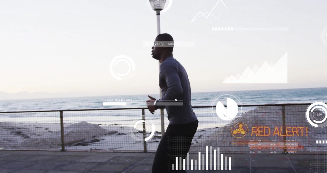 Runner on Waterfront Path with Digital Fitness Data Overlay