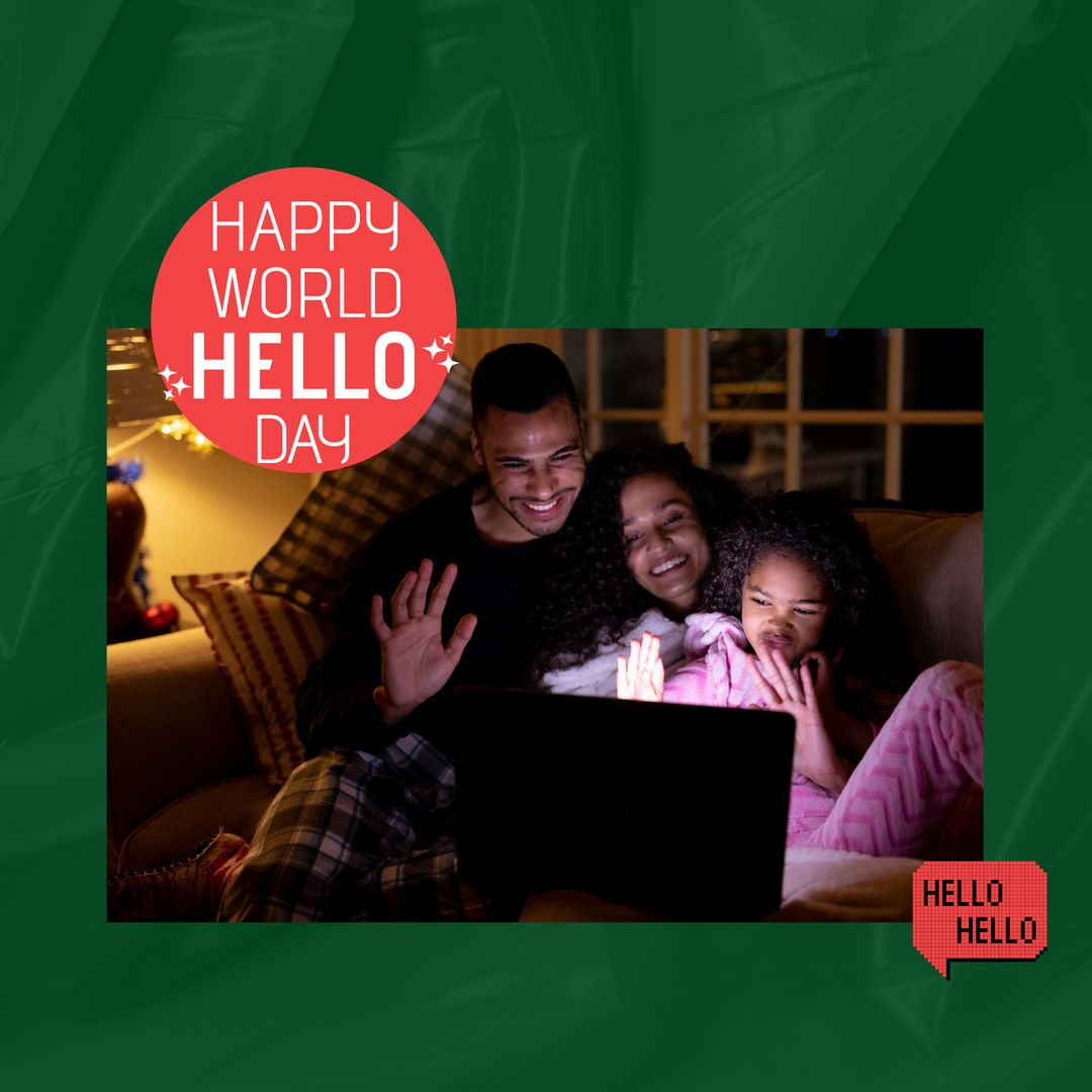 Biracial Family Celebrating World Hello Day with Video Call